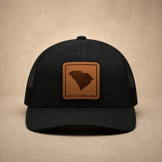 Black South Carolina hats — South Carolina Outline Leather Patch Trucker Hat