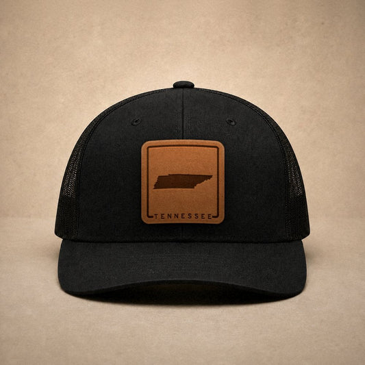Black Tennessee hats — Tennessee Outline Leather Patch Trucker Hat