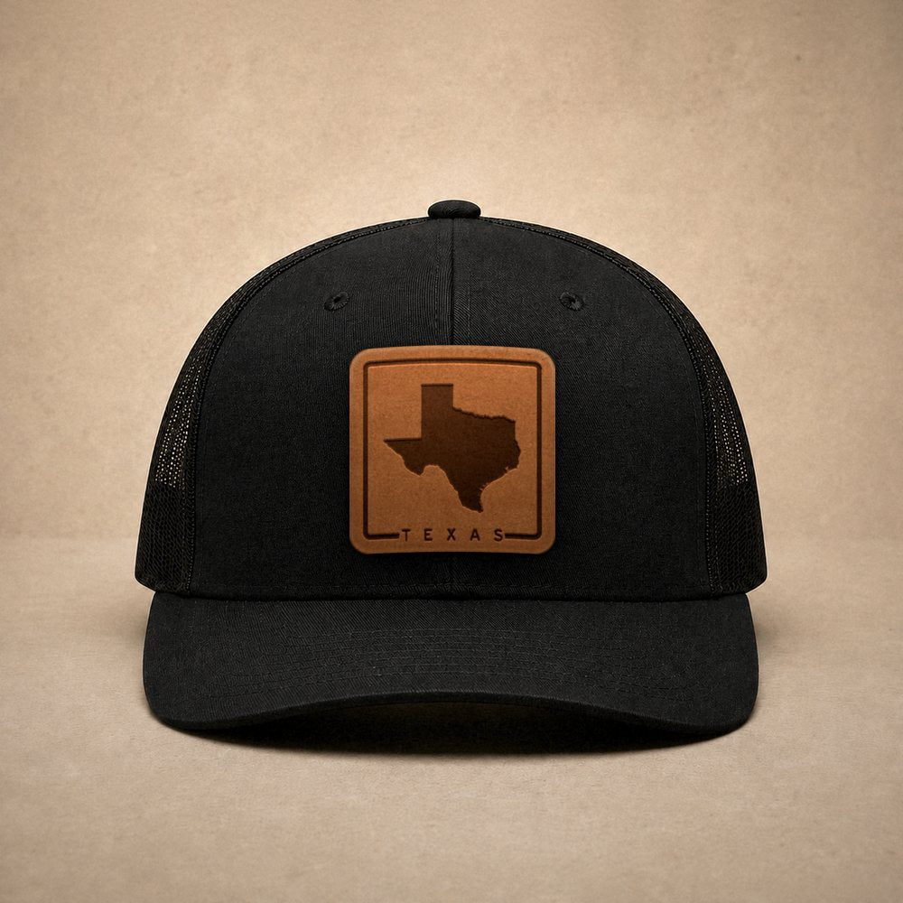 Black Texas hats — Texas Outline Leather Patch Trucker Hat