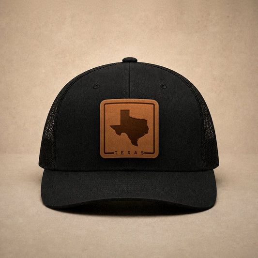 Black Texas hats — Texas Outline Leather Patch Trucker Hat