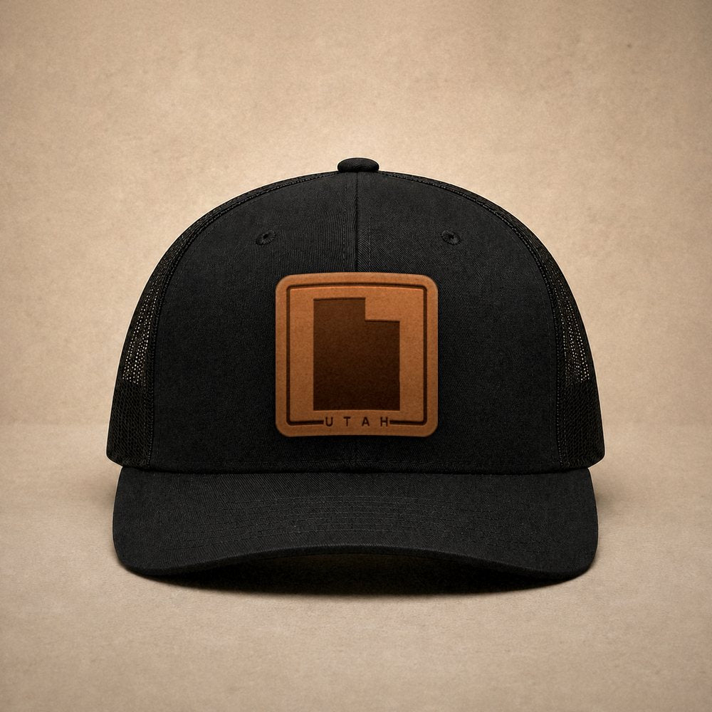 Black Utah hats — Utah Outline Leather Patch Trucker Hat