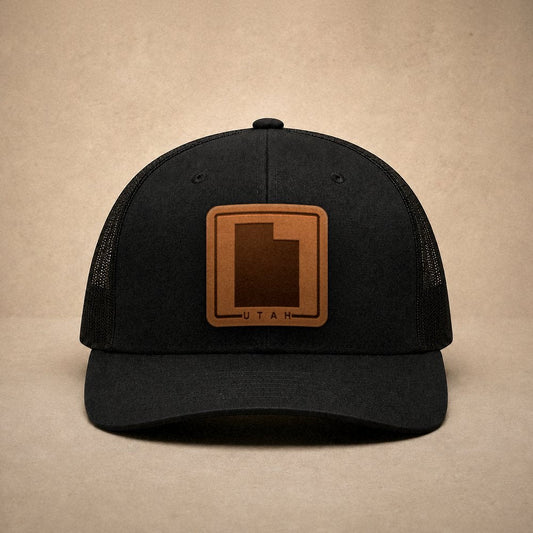 Black Utah hats — Utah Outline Leather Patch Trucker Hat