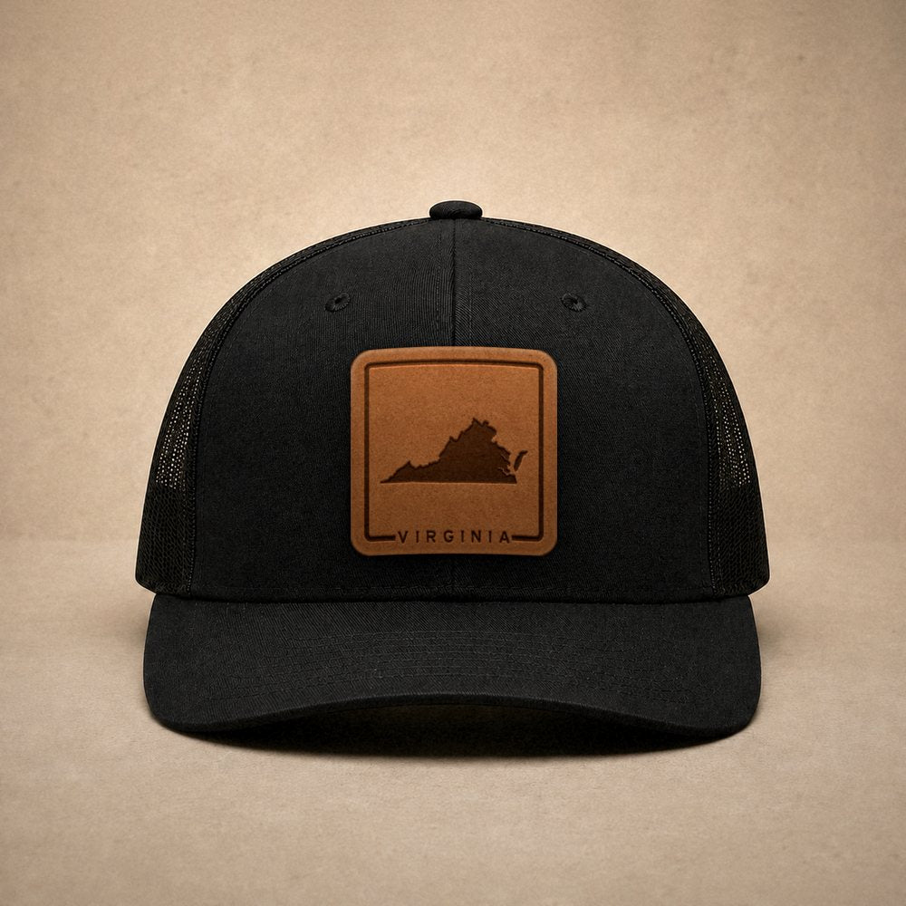 Black Virginia hats — Virginia Outline Leather Patch Trucker Hat