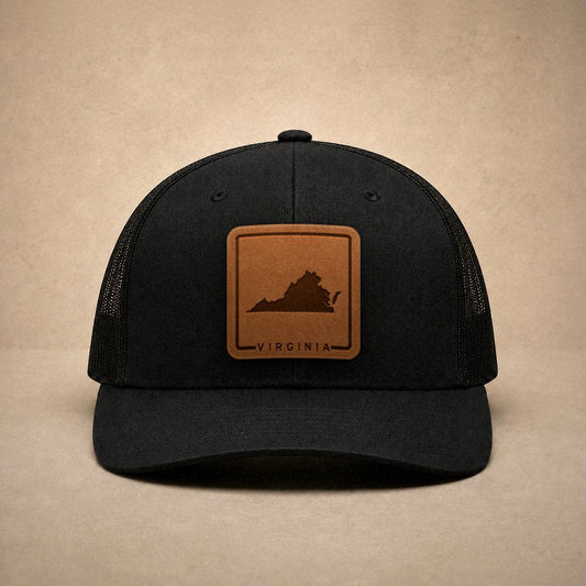 Black Virginia hats — Virginia Outline Leather Patch Trucker Hat