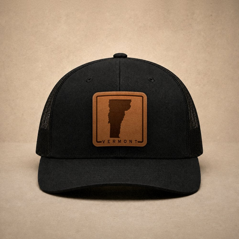 Black Vermont hats — Vermont Outline Leather Patch Trucker Hat