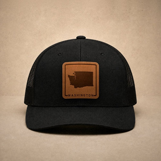 Black Washington hats — Washington Outline Leather Patch Trucker Hat