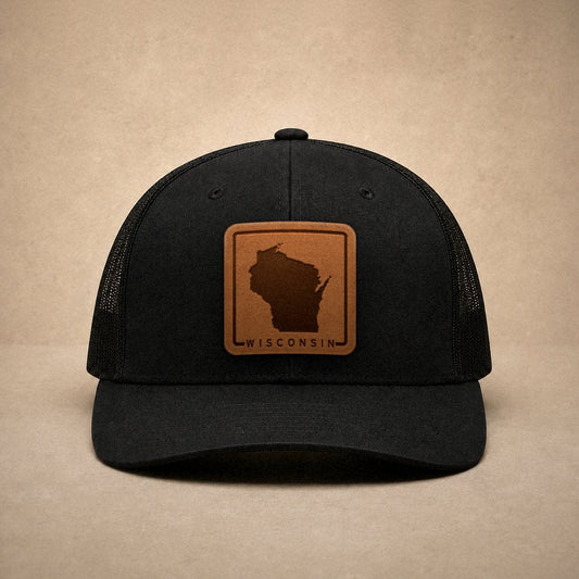 Black Wisconsin hats — Wisconsin Outline Leather Patch Trucker Hat
