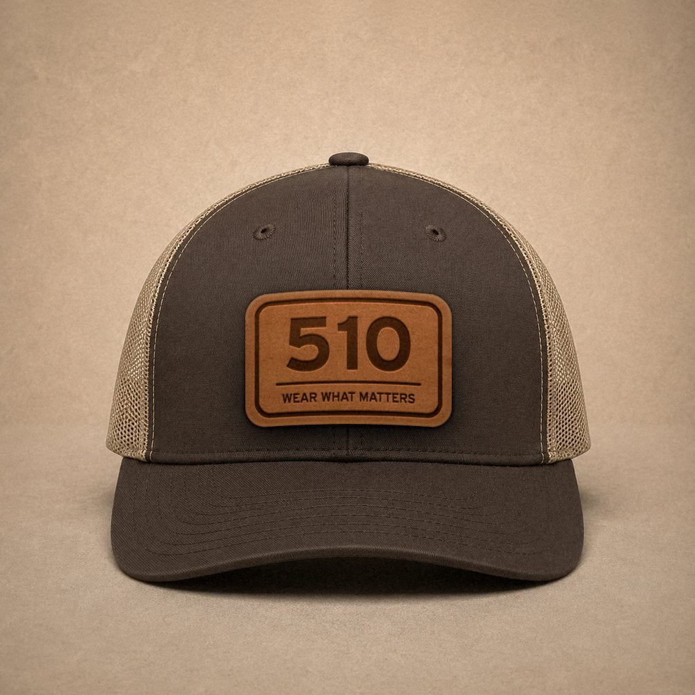 Brown Oakland hats — Oakland 510 Leather Patch Trucker Hat