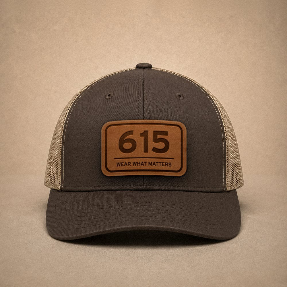 Brown Nashville hats — Nashville 615 Leather Patch Trucker Hat