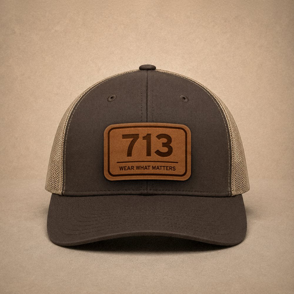 Brown Houston hats — Houston 713 Leather Patch Trucker Hat