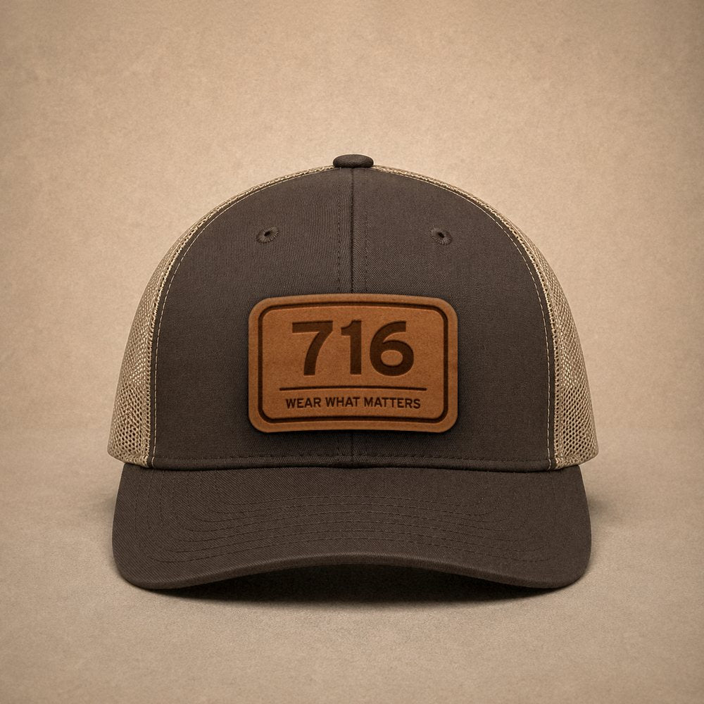 Brown Buffalo hats — Buffalo 716 Leather Patch Trucker Hat