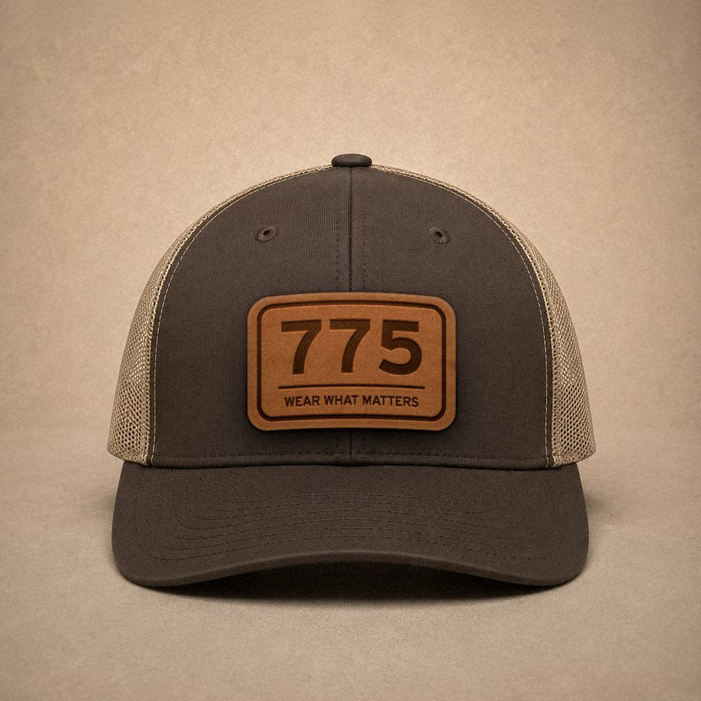 Brown Reno hats — Reno 775 Leather Patch Trucker Hat