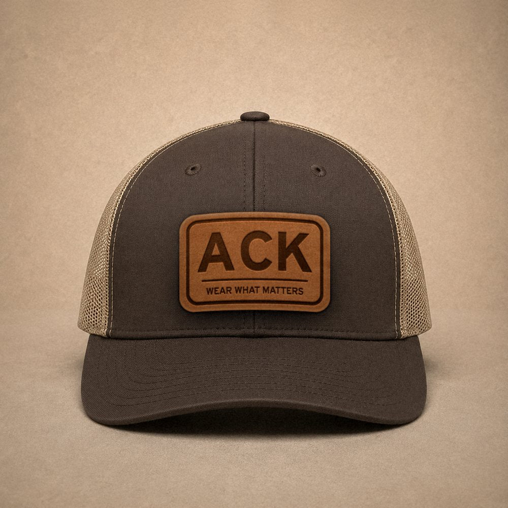 Brown Nantucket hats — Nantucket ACK Leather Patch Trucker Hat