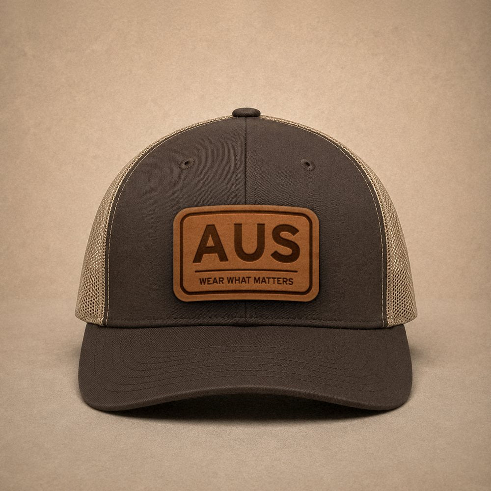 Brown Austin hats — Austin AUS Leather Patch Trucker Hat