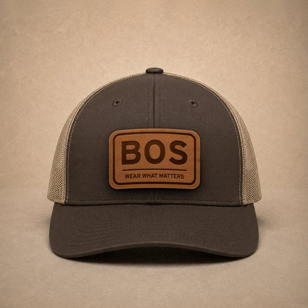 Brown Boston hats — Boston BOS Leather Patch Trucker Hat