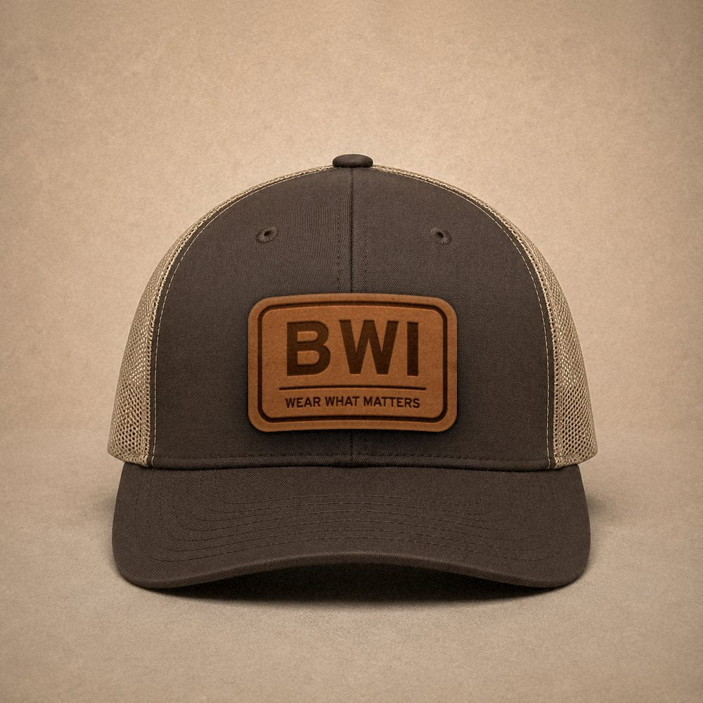 Brown Baltimore hats — Baltimore BWI Leather Patch Trucker Hat