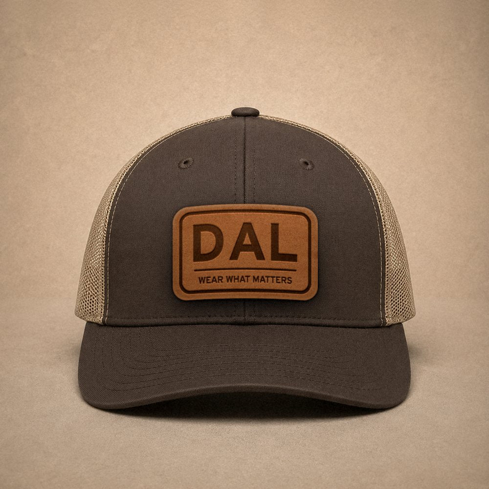 Brown Dallas hats — Dallas DAL Leather Patch Trucker Hat