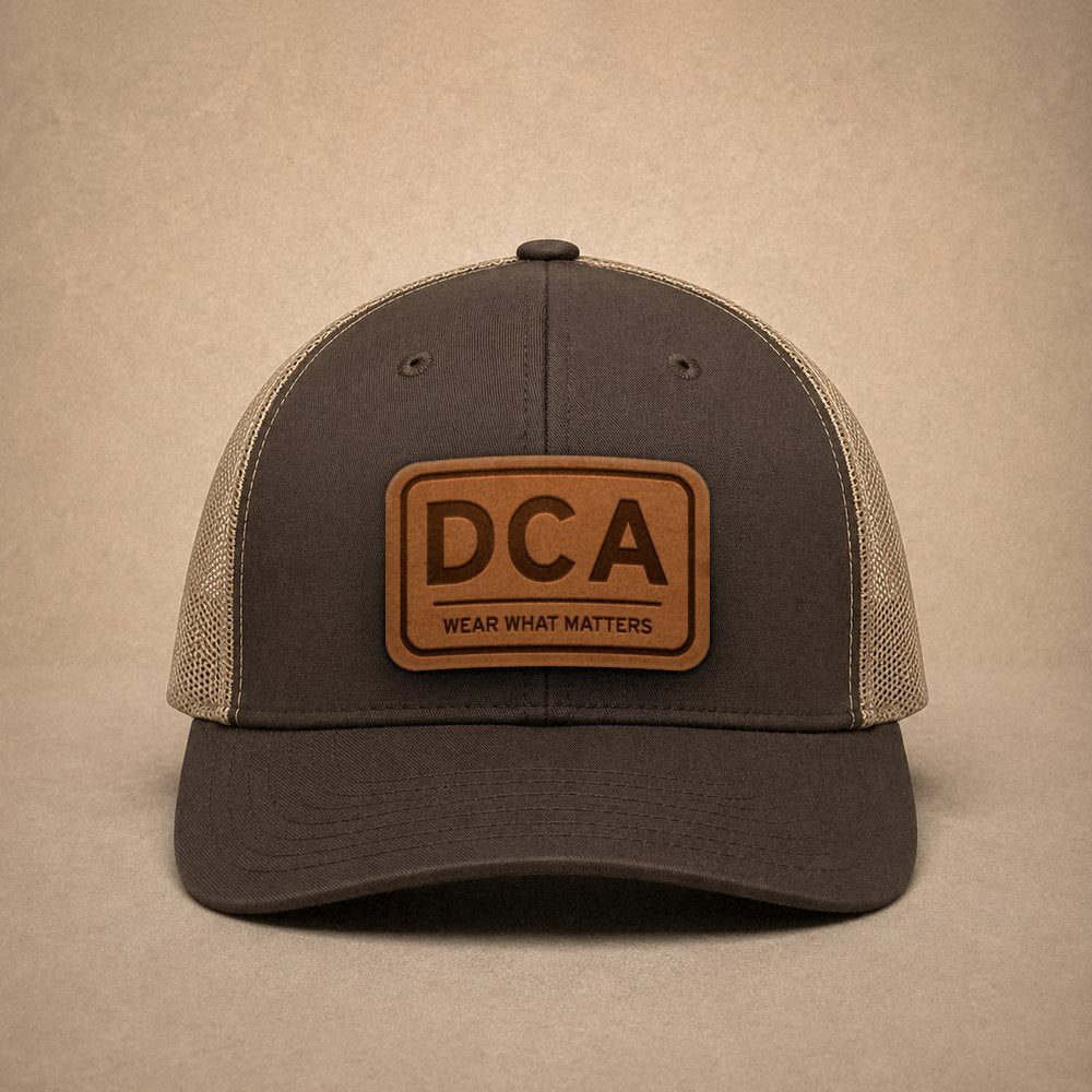 Brown Washington DC hats — Washington DC DCA Leather Patch Trucker Hat