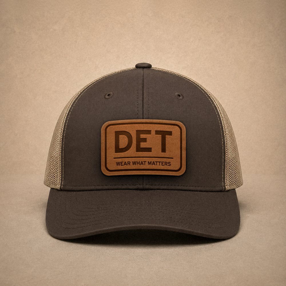 Brown Detroit hats — Detroit DET Leather Patch Trucker Hat