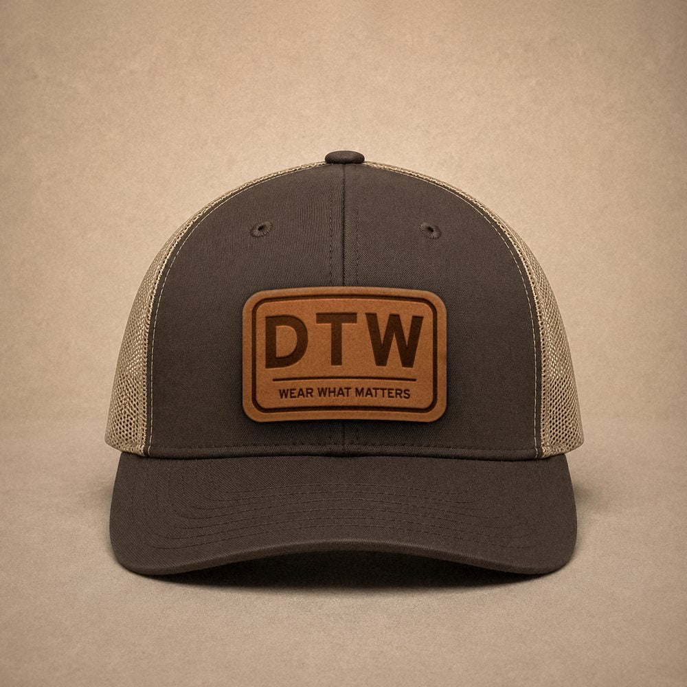 Brown Detroit hats — Detroit DTW Leather Patch Trucker Hat