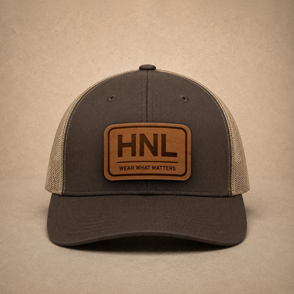 Brown Honolulu hats — Honolulu HNL Leather Patch Trucker Hat