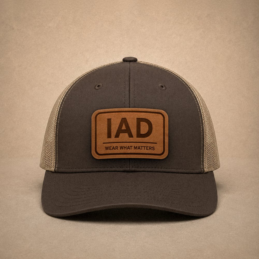Brown Washington DC hats — Washington DC IAD Leather Patch Trucker Hat