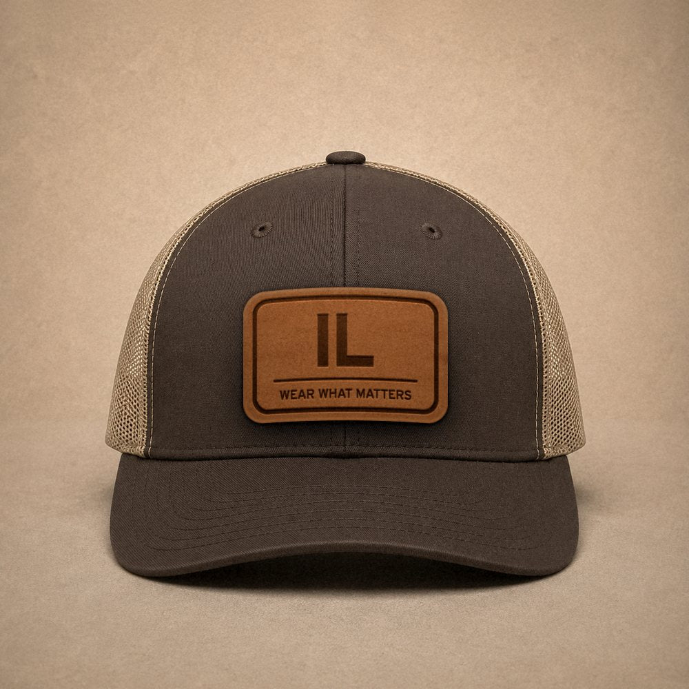 Brown Illinois hats — Illinois IL Leather Patch Trucker Hat