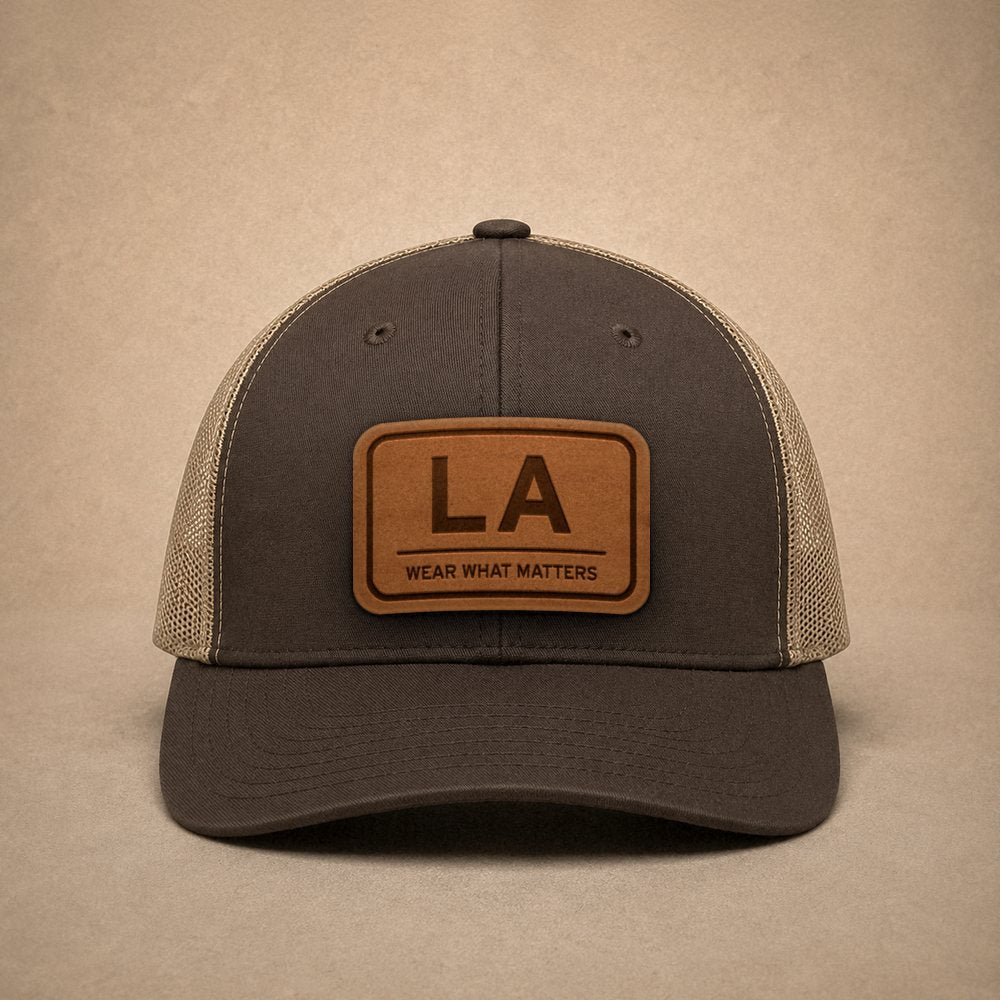 Brown Louisiana hats — Louisiana LA Leather Patch Trucker Hat