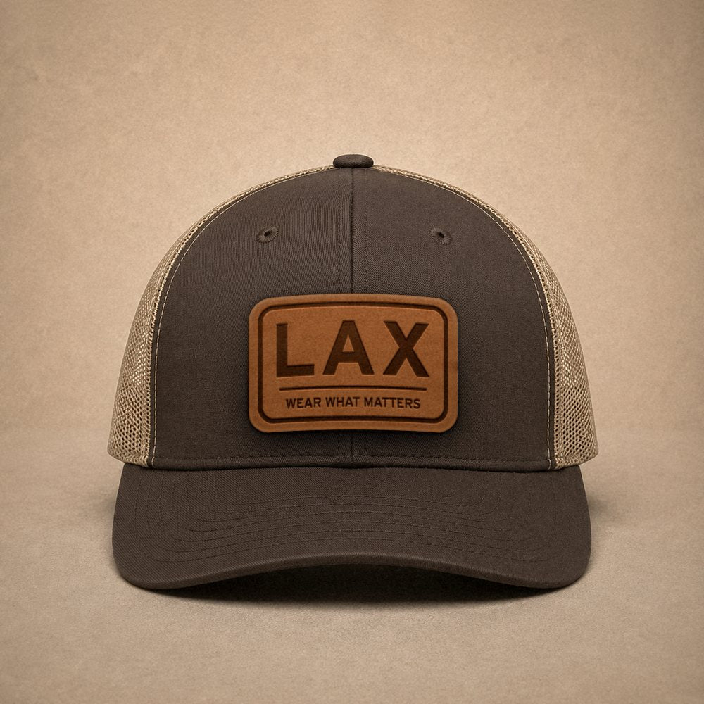 Brown Los Angeles hats — Los Angeles LAX Leather Patch Trucker Hat