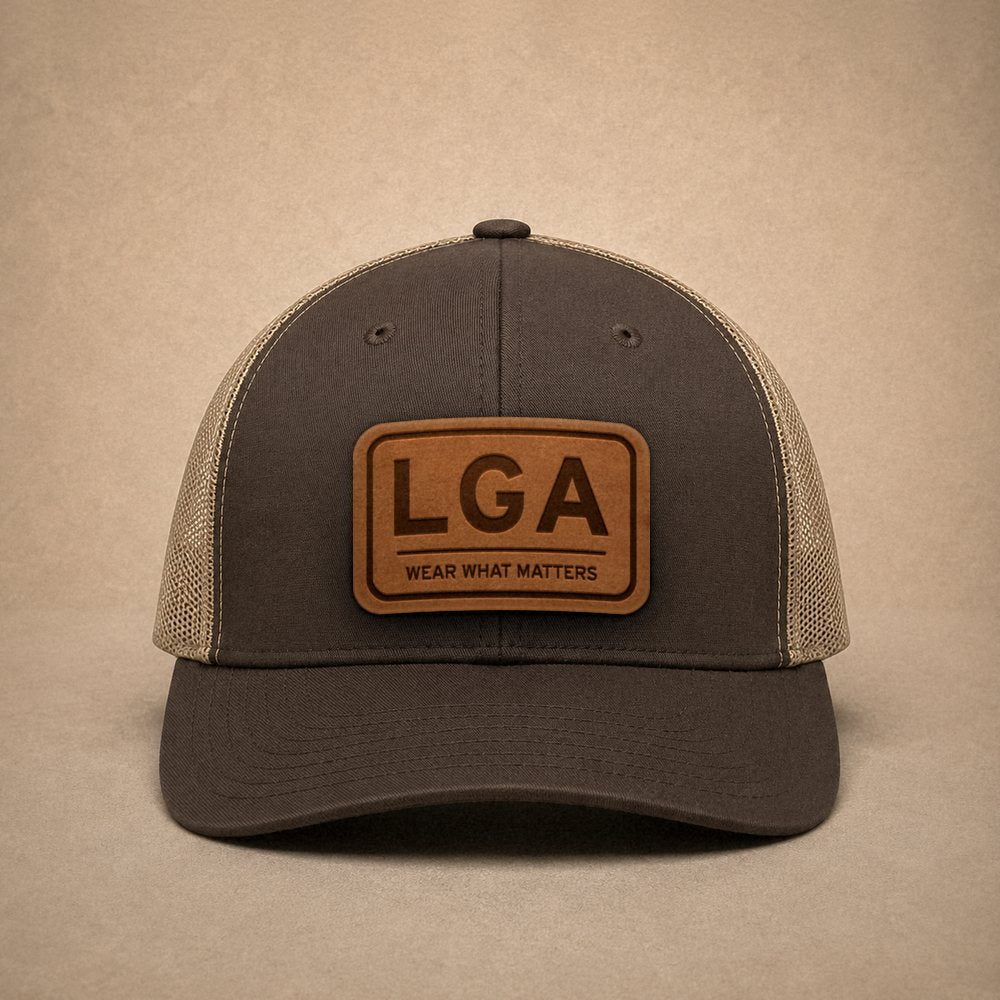 Brown New York City hats — New York City LGA Leather Patch Trucker Hat