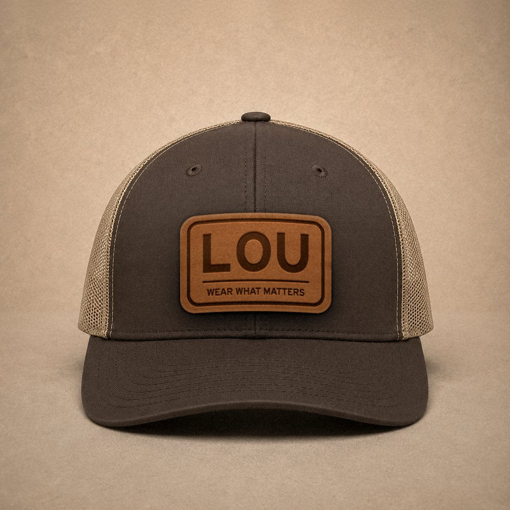 Brown Louisville hats — Louisville LOU Leather Patch Trucker Hat