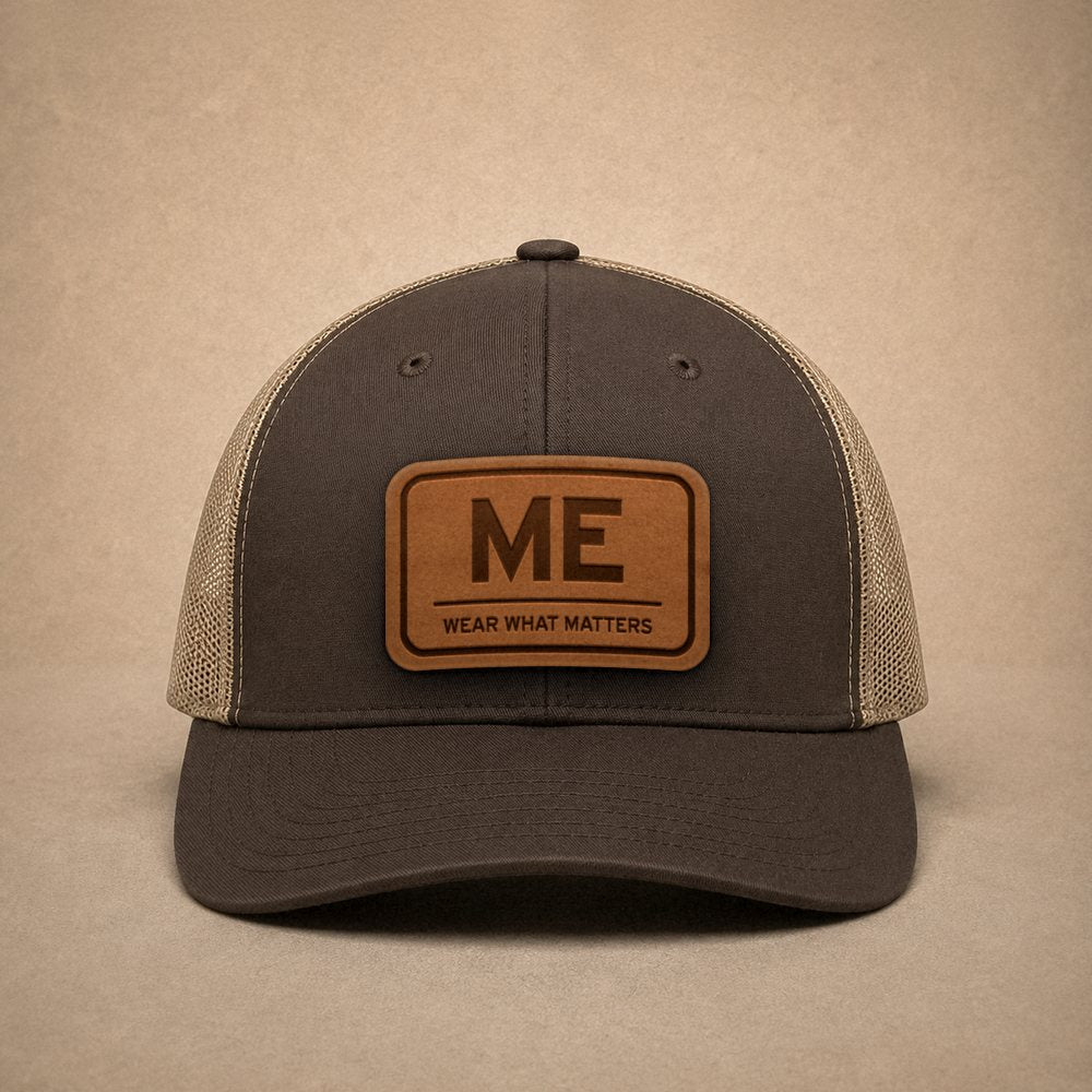 Brown Maine hats — Maine ME Leather Patch Trucker Hat