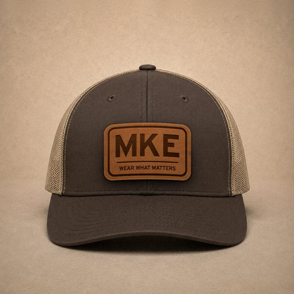 Brown Milwaukee hats — Milwaukee MKE Leather Patch Trucker Hat