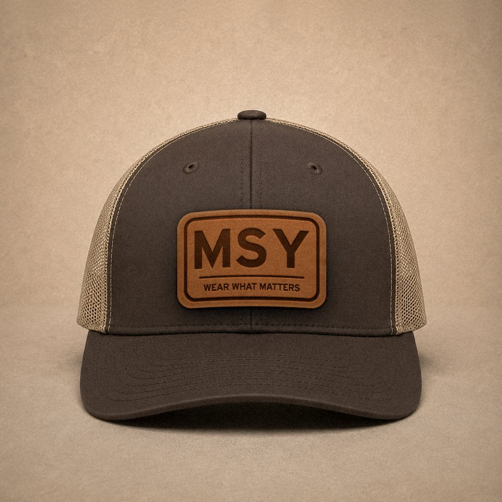 Brown New Orleans hats — New Orleans MSY Leather Patch Trucker Hat