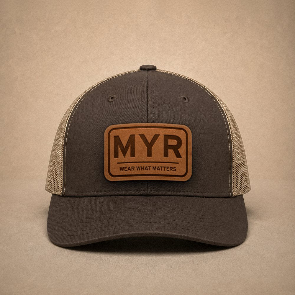Brown Myrtle Beach hats — Myrtle Beach MYR Leather Patch Trucker Hat