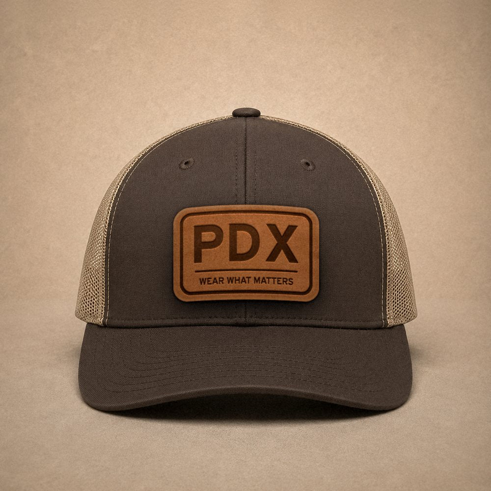 Brown Portland hats — Portland PDX Leather Patch Trucker Hat