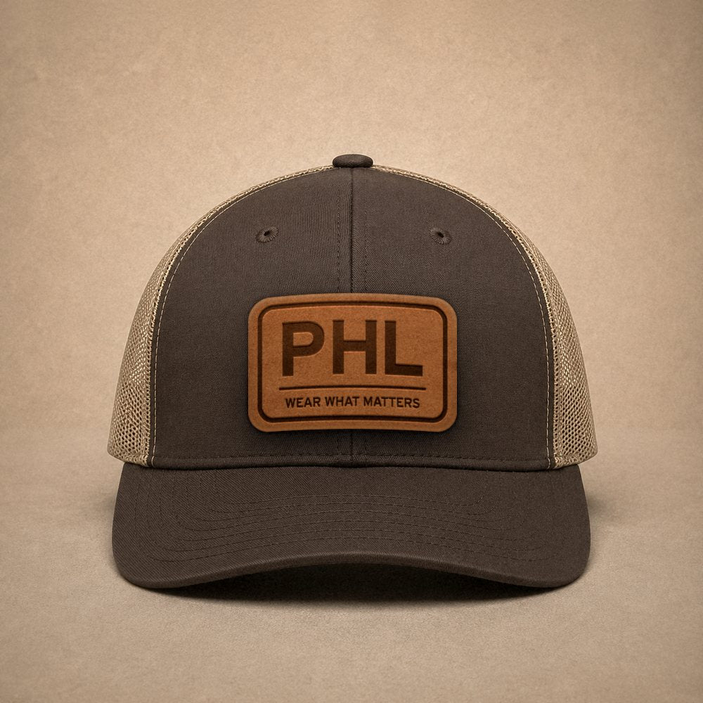Brown Philadelphia hats — Philadelphia PHL Leather Patch Trucker Hat