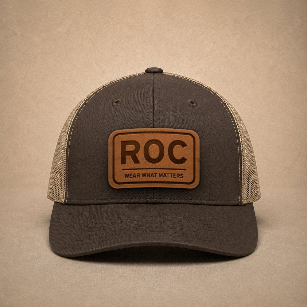 Brown Rochester hats — Rochester ROC Leather Patch Trucker Hat