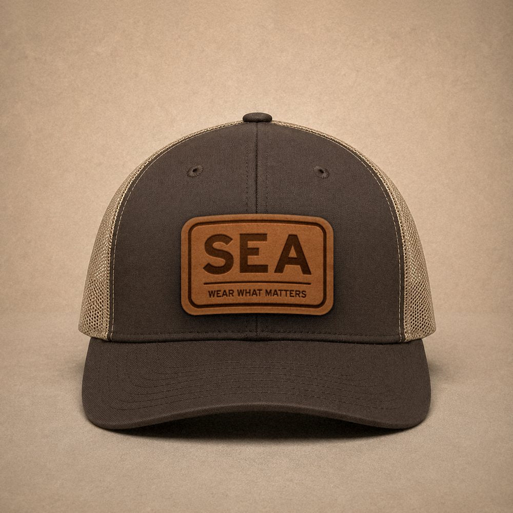 Brown Seattle hats — Seattle SEA Leather Patch Trucker Hat