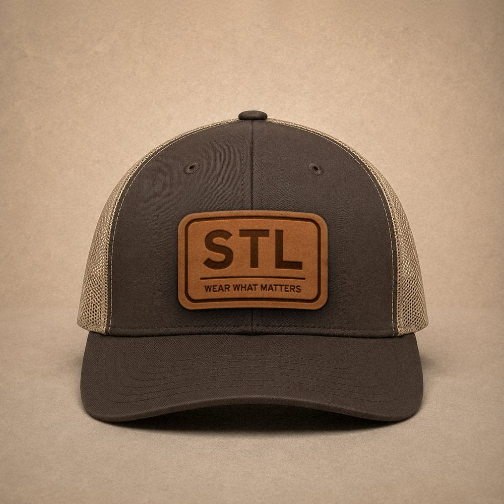 Brown St. Louis hats — St. Louis STL Leather Patch Trucker Hat