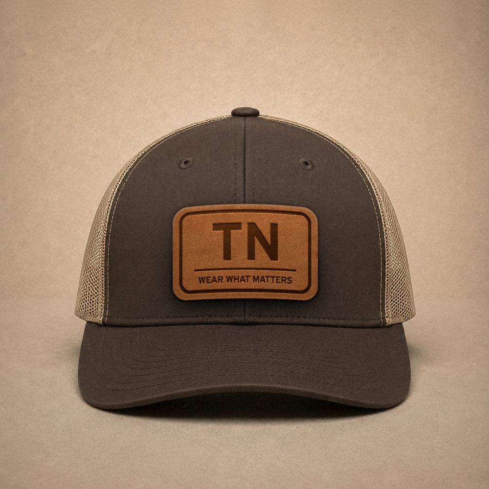 Brown Tennessee hats — Tennessee TN Leather Patch Trucker Hat