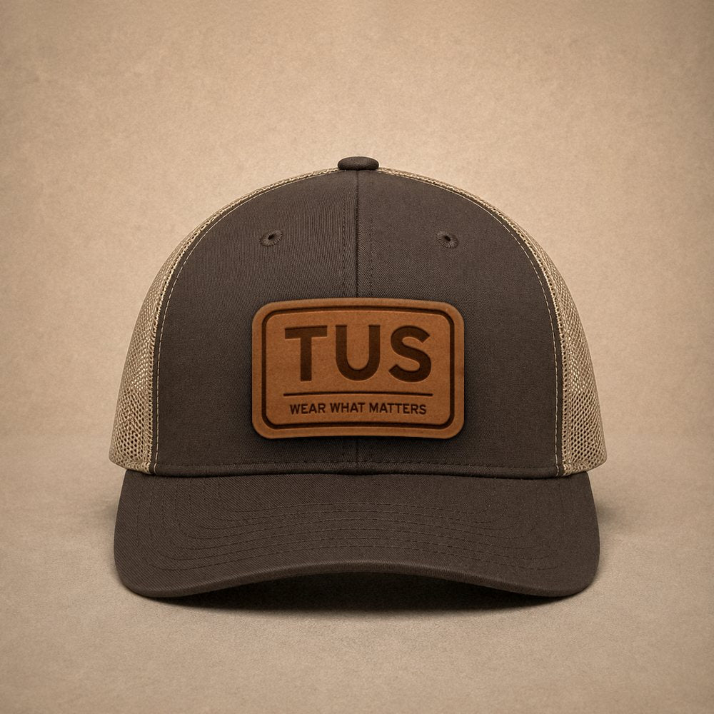 Brown Tucson hats — Tucson TUS Leather Patch Trucker Hat