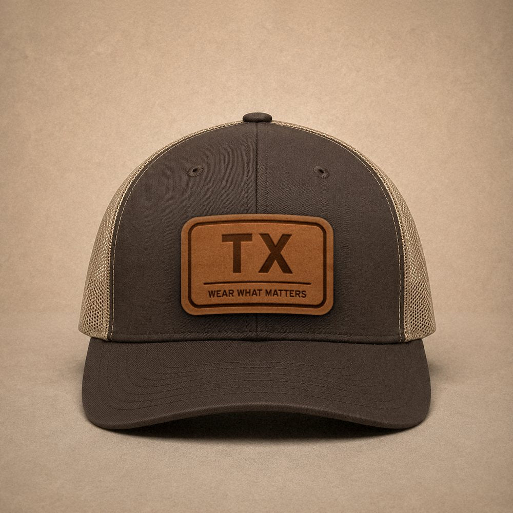 Brown Texas hats — Texas TX Leather Patch Trucker Hat