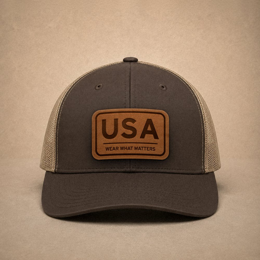 Brown USA hats — USA Leather Patch Trucker Hat