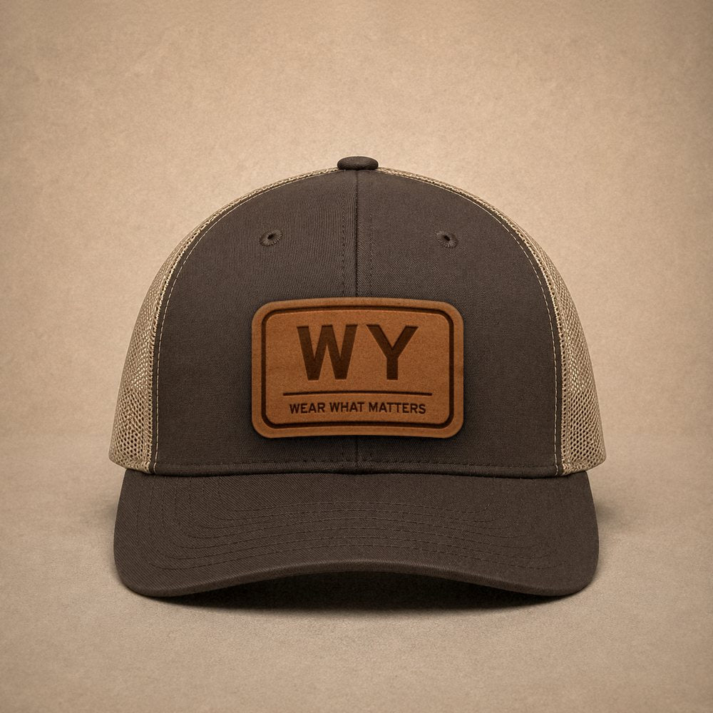 Brown Wyoming hats — Wyoming WY Leather Patch Trucker Hat
