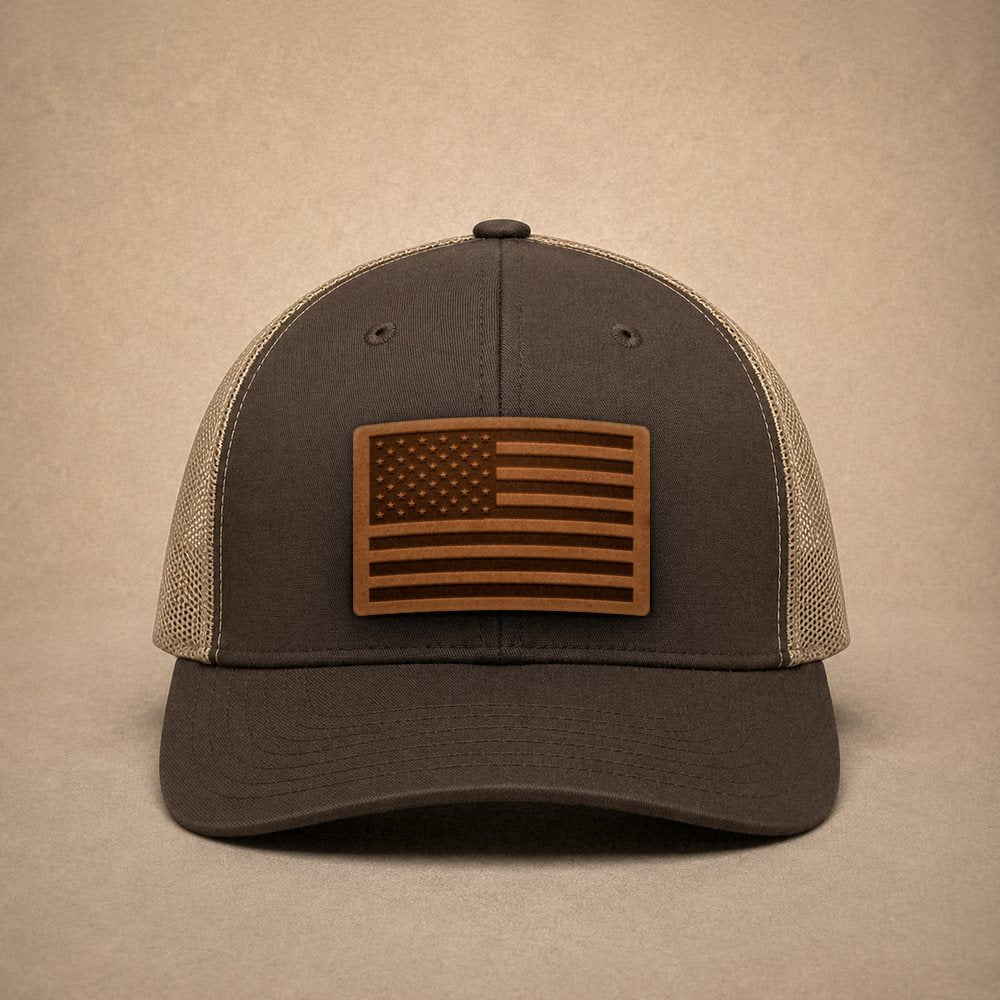 USA Flag Leather Patch Trucker Hat