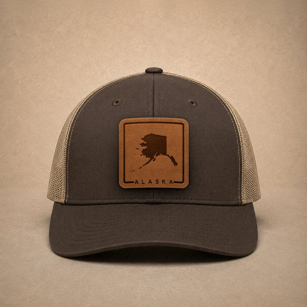 Brown Alaska hats — Alaska Outline Leather Patch Trucker Hat