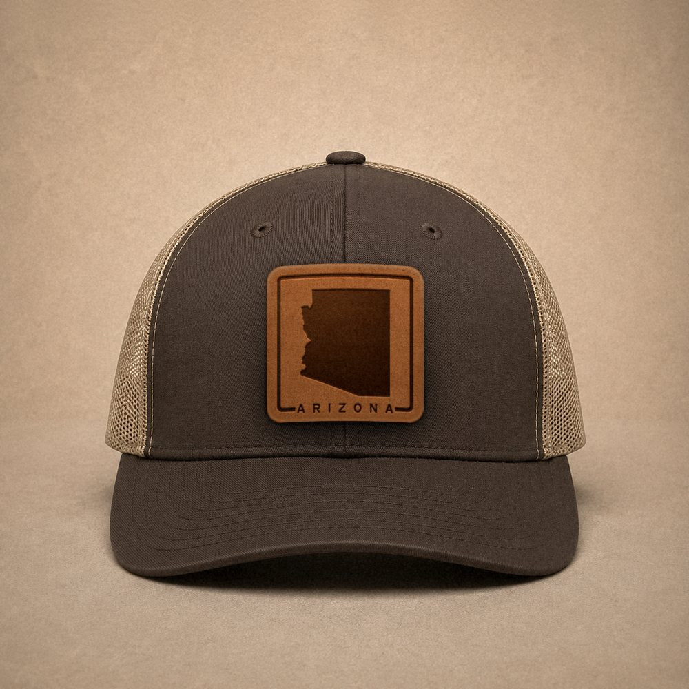 Brown Arizona hats — Arizona Outline Leather Patch Trucker Hat
