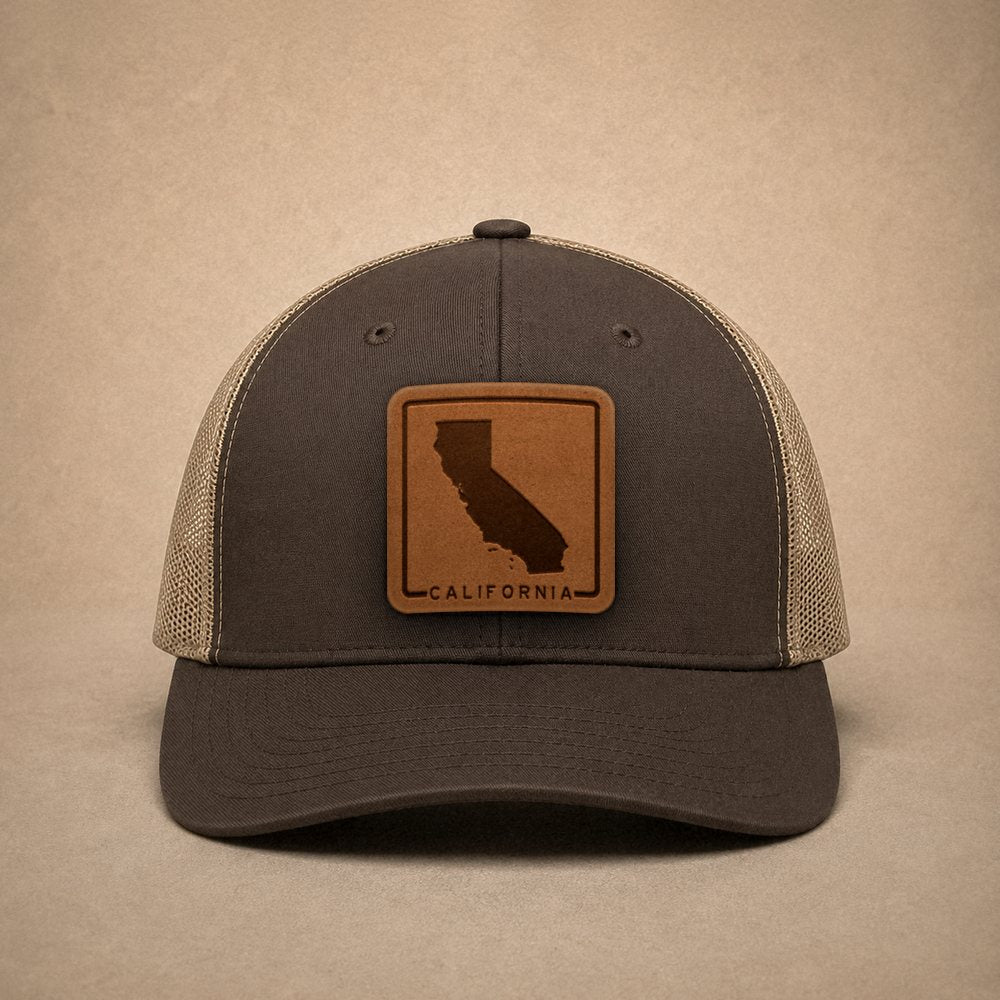 Brown California hats — California Outline Leather Patch Trucker Hat
