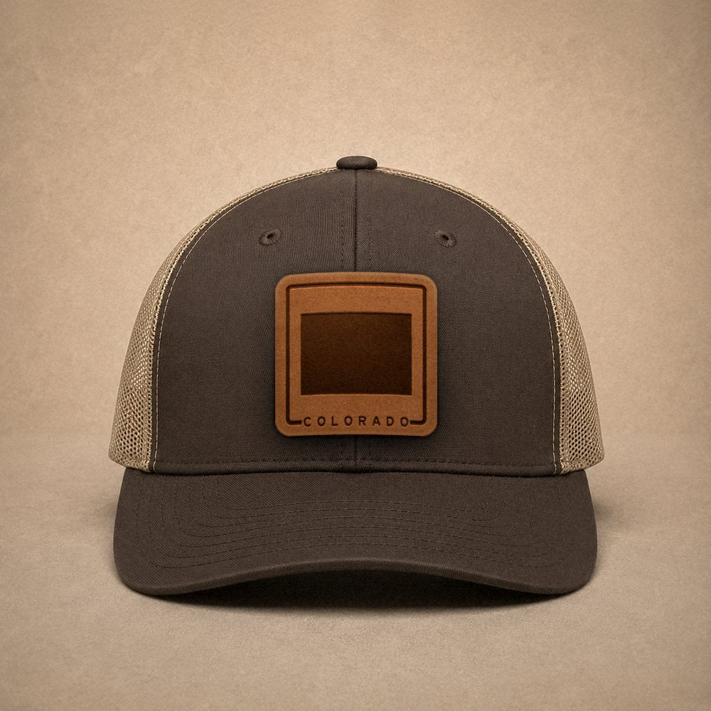 Brown Colorado hats — Colorado Outline Leather Patch Trucker Hat